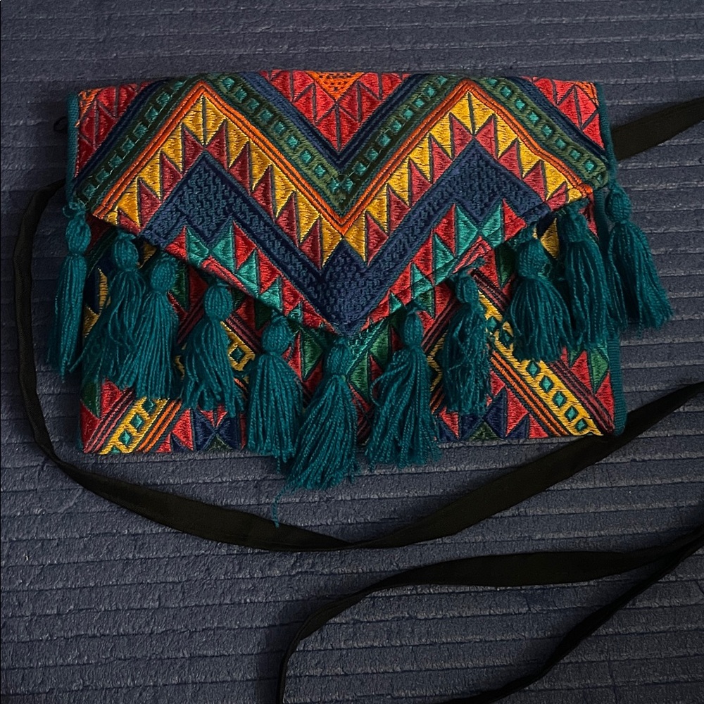 Embroidered Tassel Crossbody Clutch - Teal & Multicolor